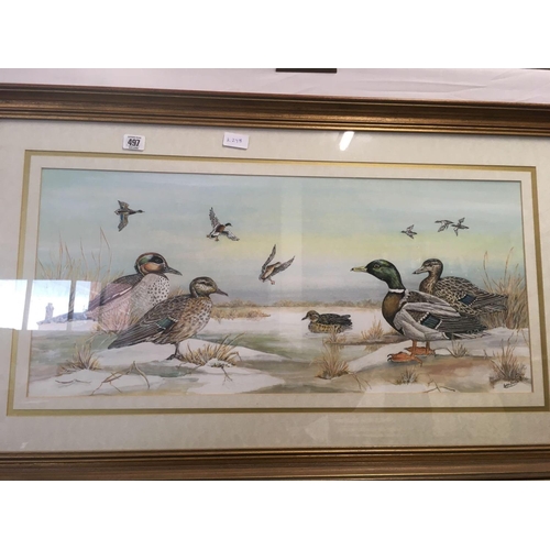 497 - 2 F/G DUCK PICTURES, AN OIL OF SHORELAND SCENE & FRAMED OIL OF HORSE RACING BY JL LEMONNIER