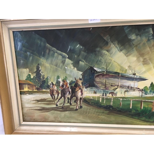 497 - 2 F/G DUCK PICTURES, AN OIL OF SHORELAND SCENE & FRAMED OIL OF HORSE RACING BY JL LEMONNIER