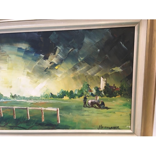 497 - 2 F/G DUCK PICTURES, AN OIL OF SHORELAND SCENE & FRAMED OIL OF HORSE RACING BY JL LEMONNIER