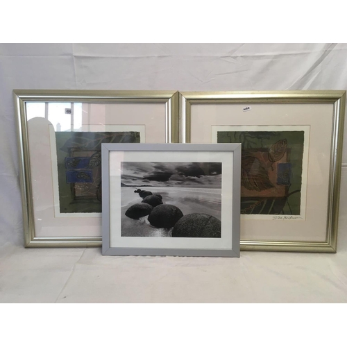 499 - 3 F/G MODERN ART PICTURES & F/G BLACK & WHITE PICTURE OF A SHORELAND SCENE