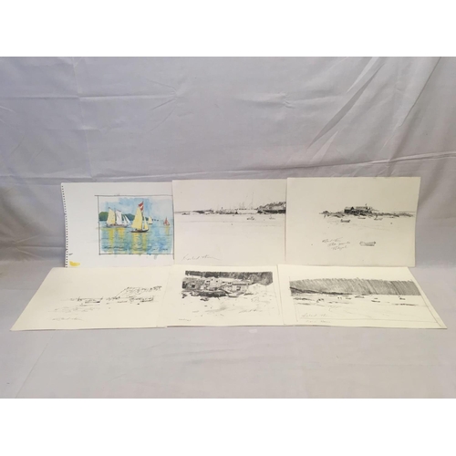 504 - RICHARD THORN; A GROUP OF 6 UNFRAMED GOOD QUALITY DRAWINGS & WATERCOLOUR SOME PENCIL, SOME PEN & INK... 