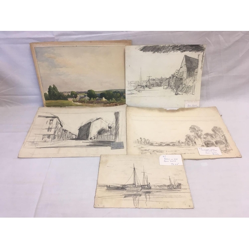 505 - DAVID NEAVE; A FOLIO OF UNFRAMED ITEMS INCLUDING A FINE PENCIL DRAWING OF EXETER QUAY AND TAYLORS YA... 