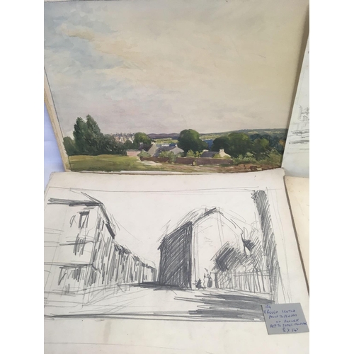 505 - DAVID NEAVE; A FOLIO OF UNFRAMED ITEMS INCLUDING A FINE PENCIL DRAWING OF EXETER QUAY AND TAYLORS YA... 