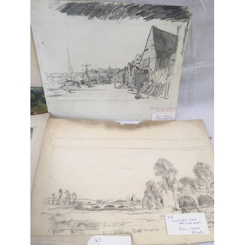 505 - DAVID NEAVE; A FOLIO OF UNFRAMED ITEMS INCLUDING A FINE PENCIL DRAWING OF EXETER QUAY AND TAYLORS YA... 