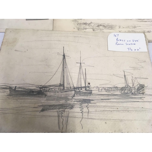 505 - DAVID NEAVE; A FOLIO OF UNFRAMED ITEMS INCLUDING A FINE PENCIL DRAWING OF EXETER QUAY AND TAYLORS YA... 