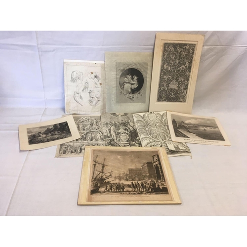 509 - COLLECTION OF 9 UNFRAMED ANTIQUE PRINTS, ENGRAVINGS, ETCHINGS ETC, OLD MASTER DRAWING AND OTHER 18TH... 