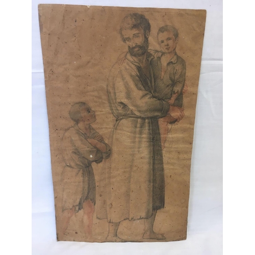 516 - 18THC DRAWING, PENCIL & WATERCOLOUR, OF FATHER WITH HIS CHILDREN,  UNFRAMED 15'' X 9''