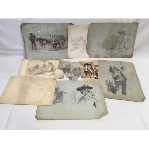 518 - FOLIO OF SEVEN 19THC SPANISH SCHOOL, WATERCOLOURS AND DRAWINGS INCLUDING PULLING THE OX CART ETC AVE... 