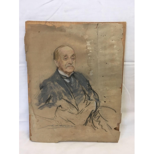 520 - UNFRAMED FINE QUALITY CHARCOAL & PASTEL PORTRAIT OF A SEATED GENTLEMAN, INDISTINCTLY SIGNED.