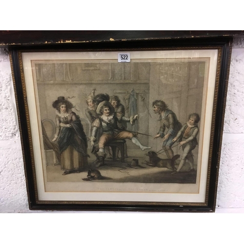 522 - GOOD ANTIQUE COLOURED STIPPLE ENGRAVING, THE TAMING OF THE SHREW  AFTER 	HENRY BUNBURY IN GOOD HOGAR... 