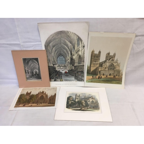 523 - FOLIO OF 5 ANTIQUE ENGRAVINGS OF EXETER CATHEDRAL, ALL BUT ONE IN  COLOUR WITH INTERIOR AND EXTERIOR... 