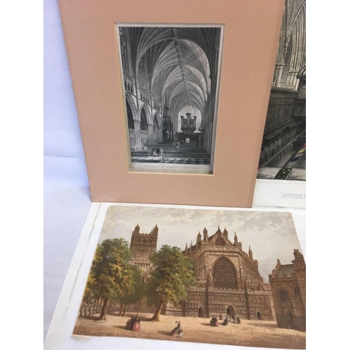 523 - FOLIO OF 5 ANTIQUE ENGRAVINGS OF EXETER CATHEDRAL, ALL BUT ONE IN  COLOUR WITH INTERIOR AND EXTERIOR... 