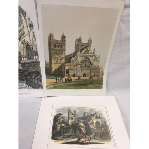 523 - FOLIO OF 5 ANTIQUE ENGRAVINGS OF EXETER CATHEDRAL, ALL BUT ONE IN  COLOUR WITH INTERIOR AND EXTERIOR... 