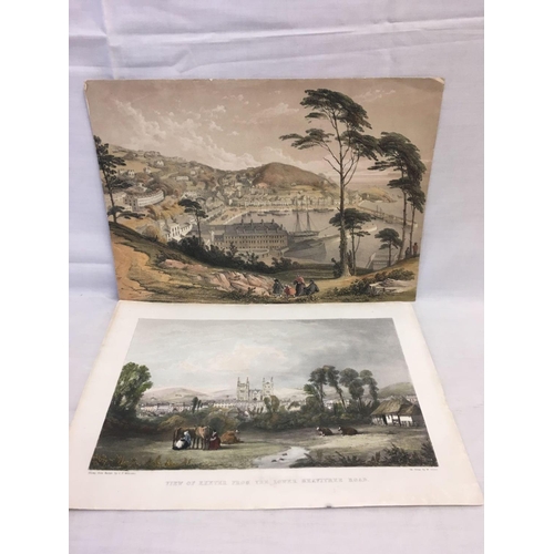 524 - GOOD 19THC COLOURED ENGRAVINGS OF A VIEW OF EXETER FROM THE LOWER HEAVITREE ROAD, ALSO A RARE LITHOG... 