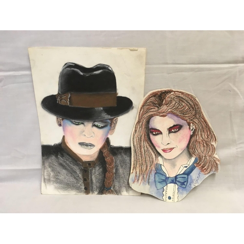 527 - WATERCOLOUR PORTRAIT OF GARY NUMAN, TOGETHER WITH A CRAYON AND  WATERCOLOUR PORTRAIT OF A WOMAN, 14'... 