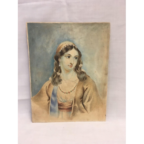 528 - A GOOD 19THC WATERCOLOUR PORTRAIT OF A YOUNG WOMAN WEARING A RUBY & EMERALD NECKLACE, UNFRAMED, 9'' ... 