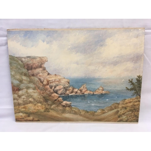 529 - AN UNFRAMED 19THC ENGLISH WATERCOLOUR. A VIEW OF A DEVON COASTAL  SCENE SIGNED WITH INITIALS HR AND ... 