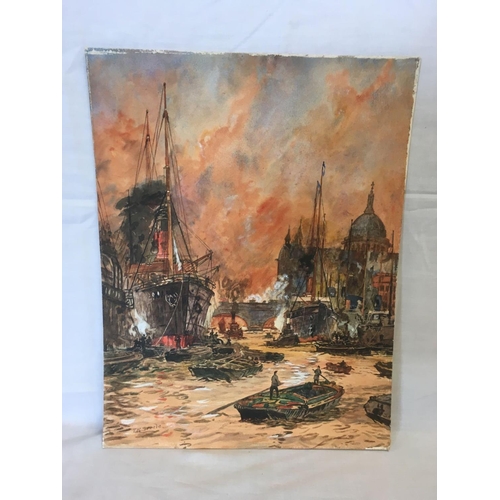 534 - UNFRAMED WATERCOLOUR VIEW BELIEVED TO BE THE UPPER REACHES OF THE THAMES WITH BUSY SHIPPING, SAIL AN... 