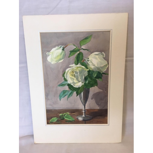 536 - WATERCOLOUR STILL LIFE OF WHITE ROSES IN A SILVER GOBLET, 14 X 10''