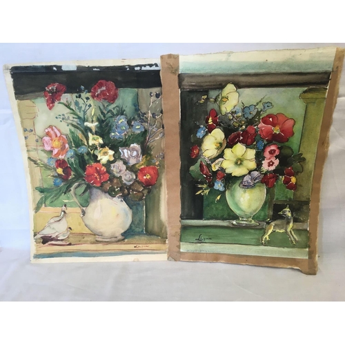 537 - PAIR OF WATERCOLOURS CIRCA 1920 OF VASES OF FLOWERS WITH CERAMIC  ANIMAL FIGURES, BOTH SIGNED L LYNN... 