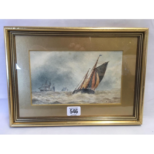 546 - GOOD VICTORIAN WATERCOLOUR OF SAILING VESSELS IN CHOPPY SEAS, SIGNED F J COLLINS, POSSIBLY FREDERICK... 