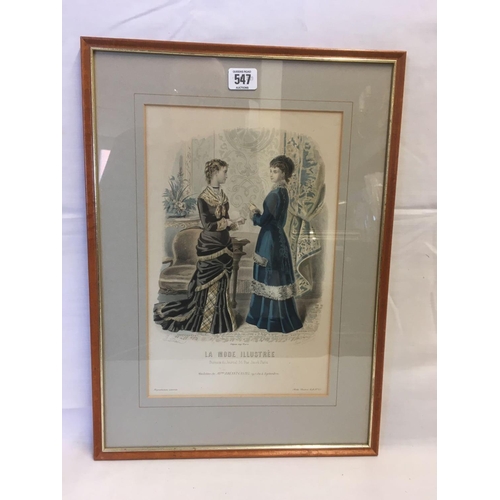 547 - A 19TH CENTURY COLOURED FRENCH FASHION ENGRAVING OF TWO LADIES.  SIGNED TWICE AND WITH CAPTION IN FR... 