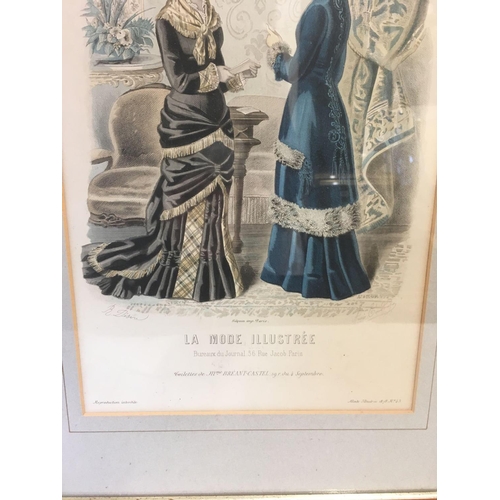 547 - A 19TH CENTURY COLOURED FRENCH FASHION ENGRAVING OF TWO LADIES.  SIGNED TWICE AND WITH CAPTION IN FR... 