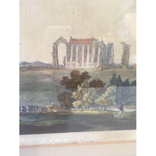 548 - JMW TURNER RA. AN ANTIQUE AQUATINT OF MALMESBURY ABBEY IN ORIGINAL  COLOURS. PRINTED CIRCA 1815 INSC... 