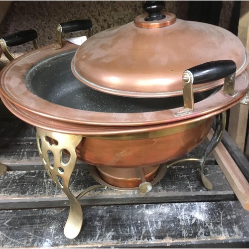 56 - 2 COPPER FONDUE DISHES WITH BURNERS