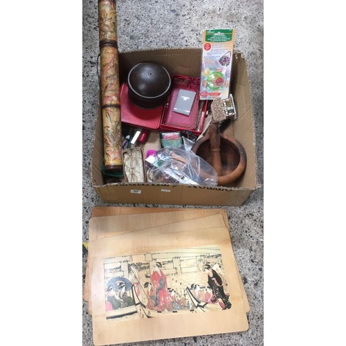 57 - CARTON WITH WOODEN PESTLE & MORTAR, POWDER COMPACTS, LANCEL RED PURSE, VINTAGE METAL SPICE TIN & BAM... 