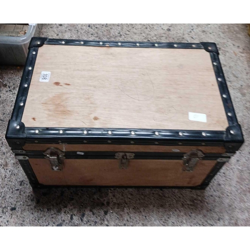 108 - TRUNK WITH TAMBOURINE, VARIOUS FLUTES & RECORDERS, SHEET MUSIC, MUSIC STAND & ROSIN WAX