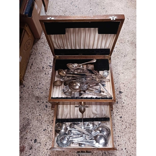 49 - 2 DRAWER WOODEN CUTLERY BOX WITH MISC TABLE CUTLERY