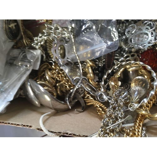 824 - CARTON OF MISC COSTUME JEWELLERY INCL; EARRINGS, NECKLACES, CHAINS & YSL PERFUME