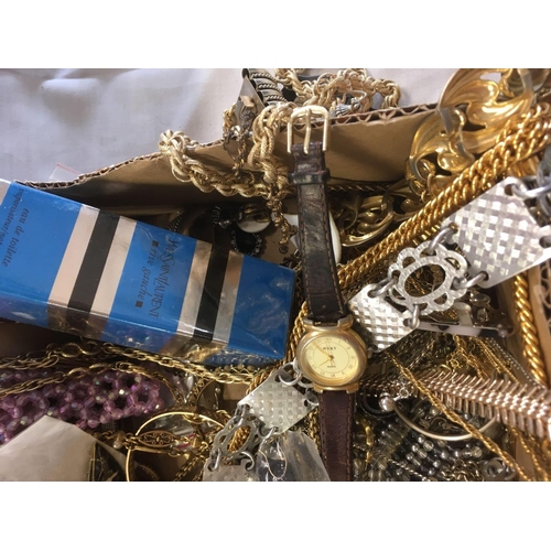 824 - CARTON OF MISC COSTUME JEWELLERY INCL; EARRINGS, NECKLACES, CHAINS & YSL PERFUME