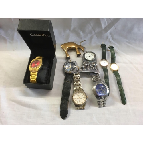 826 - TUB OF MISC LADIES & GENTS WATCHES INCL; GIANNI RICCI, BRASS PAPERWEIGHT & A SMALL METAL DESK CLOCK