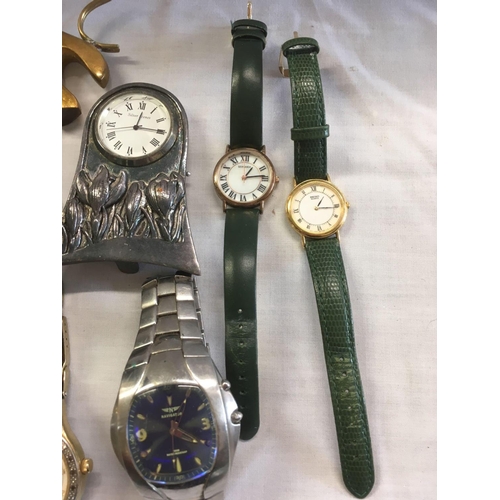 826 - TUB OF MISC LADIES & GENTS WATCHES INCL; GIANNI RICCI, BRASS PAPERWEIGHT & A SMALL METAL DESK CLOCK