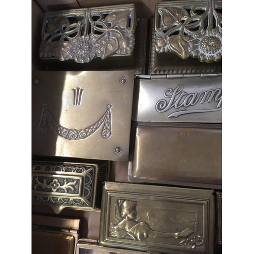 827 - COLLECTION OF STAMP BOXES IN WOOD & METAL, 2 WITH THE WORD STAMPS IN SILVER