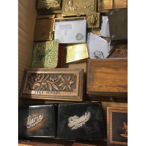 827 - COLLECTION OF STAMP BOXES IN WOOD & METAL, 2 WITH THE WORD STAMPS IN SILVER