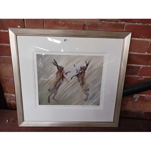 89 - 2 FRAMED PRINTS BY PAUL TAVERNOR ON THE TRAIL 23/225 & COMBAT 145/225 & AN ETCHING OF A HARE BY MEYR... 