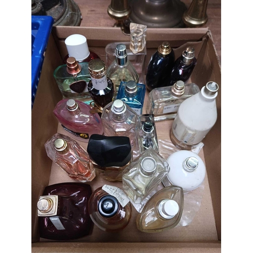 128 - 2 CARTONS OF GLASS & OTHER PERFUME BOTTLES WITH PART CONTENTS