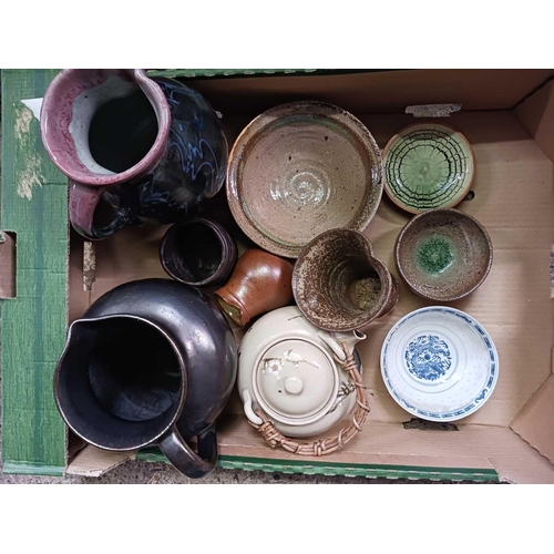 165 - 2 CARTONS WITH STUDIO POTTERY, JUGS, VASES & CHINA GOBLETS