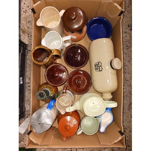 191 - 2 CARTONS OF MISC MUGS, TEA POTS, STONEWARE HOT WATER BOTTLE & BROWN STORAGE JARS