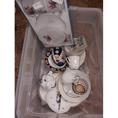 199 - 2 CARTONS OF MISC CHINAWARE, PART TEA SETS, TEA POTS & BOXED SET OF MELAMINE COFFEE CUPS