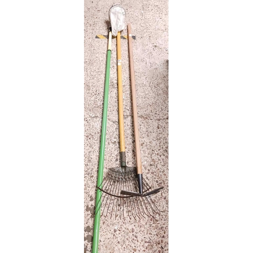 237 - LONG HANDLED RAKE, EXTENDING APPLE PICKER & A COMBINATION TOOL