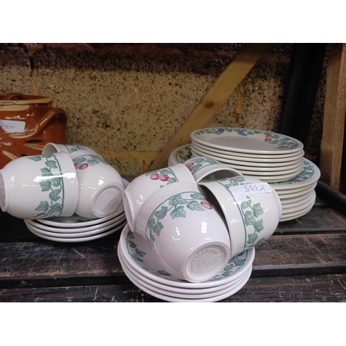 25 - SHELF WITH MISC STONEWARE POTS & JARS & A PART SET OF STAFFORDSHIRE TABLEWARE