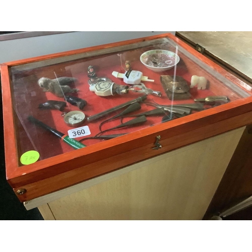 360 - JEWELLERY DISPLAY CASE & CONTENTS INCL; COMPASS, BOTTLE STOPPERS ETC