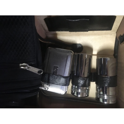 386 - CARTON OF MISC BINOCULARS, HIP FLASK, VANITY SET, SOME WITH CASES