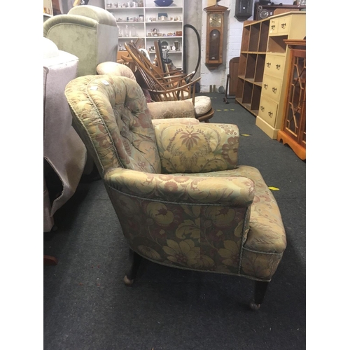 403 - ANTIQUE GREEN PATTERN BUTTON BACK FIRESIDE CHAIR