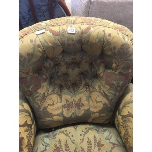 403 - ANTIQUE GREEN PATTERN BUTTON BACK FIRESIDE CHAIR