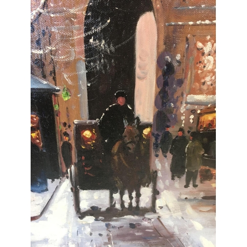 413 - ARC DE TRIUMPH IN WINTER, SIGNED E CORTES OIL ON BOARD 40CM X 60CM